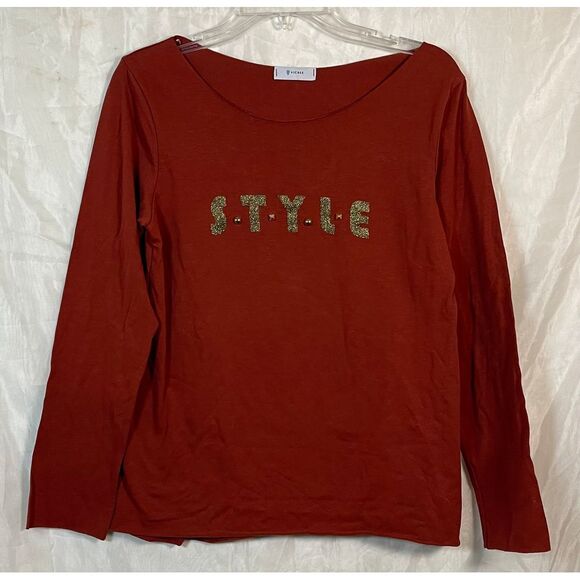 Vicbee Burgundy Long Sleeve Top Gold 'STYLE' Glitter Graphic Casual Cotton Shirt - Picture 1 of 4